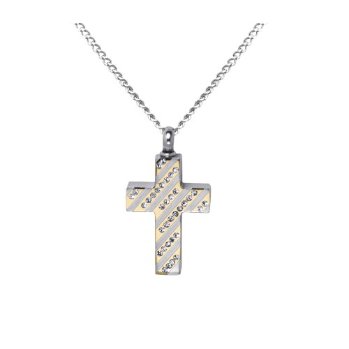 Diagonal Jeweled Cross  - Stainless Steel with Chain