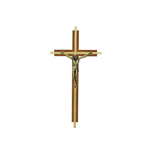 Inlaid Traditional Crucifix - 10" Inlaid Brass Traditional Crucifix on Wooded Cross