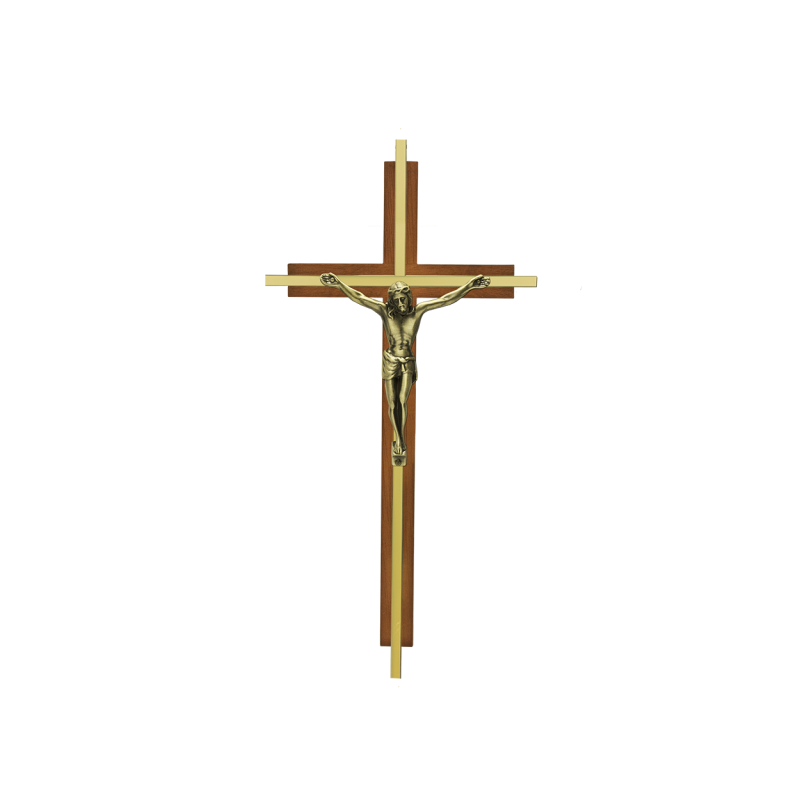Inlaid Traditional Crucifix - 10" Inlaid Brass Traditional Crucifix on Wooded Cross