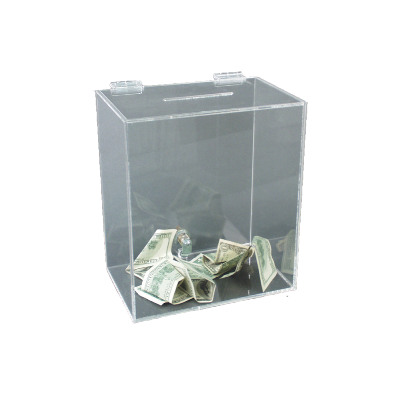 Vertical Contribution Box - Acrylic, Clear Box slotted with a Key Lock